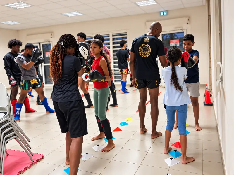 Groupe de jeunes en séance d'activités sportives dans une salle, avec des plots au sol – Culture Loisirs 438, Sainte-Marie (974)