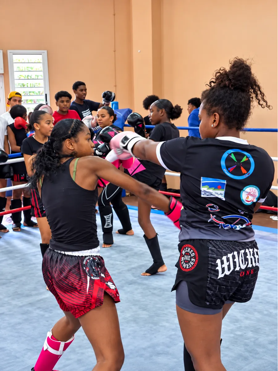 Deux jeunes sportifs en plein échange lors d'un combat de sports de combat – Culture Loisirs 438, La Réunion (974)